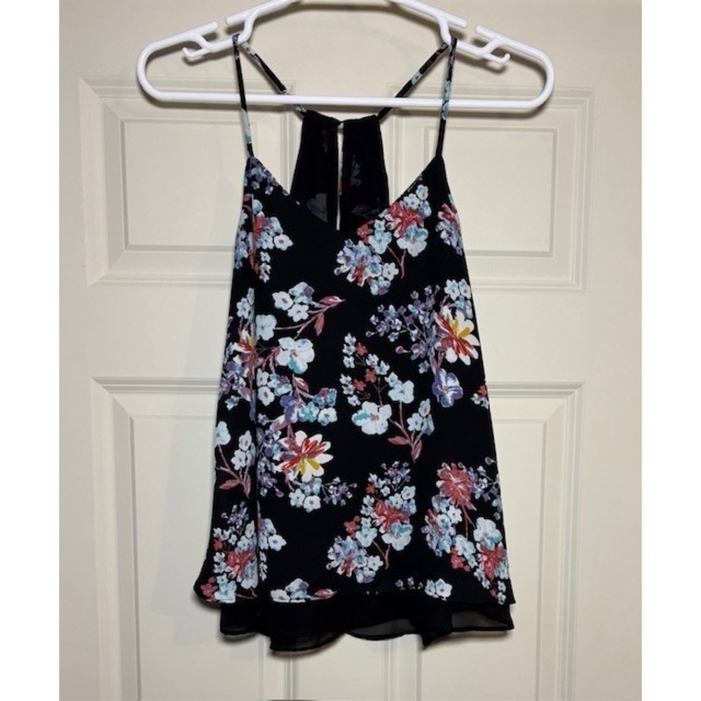 Pink Rose black background, floral pattern racerback tank, size small